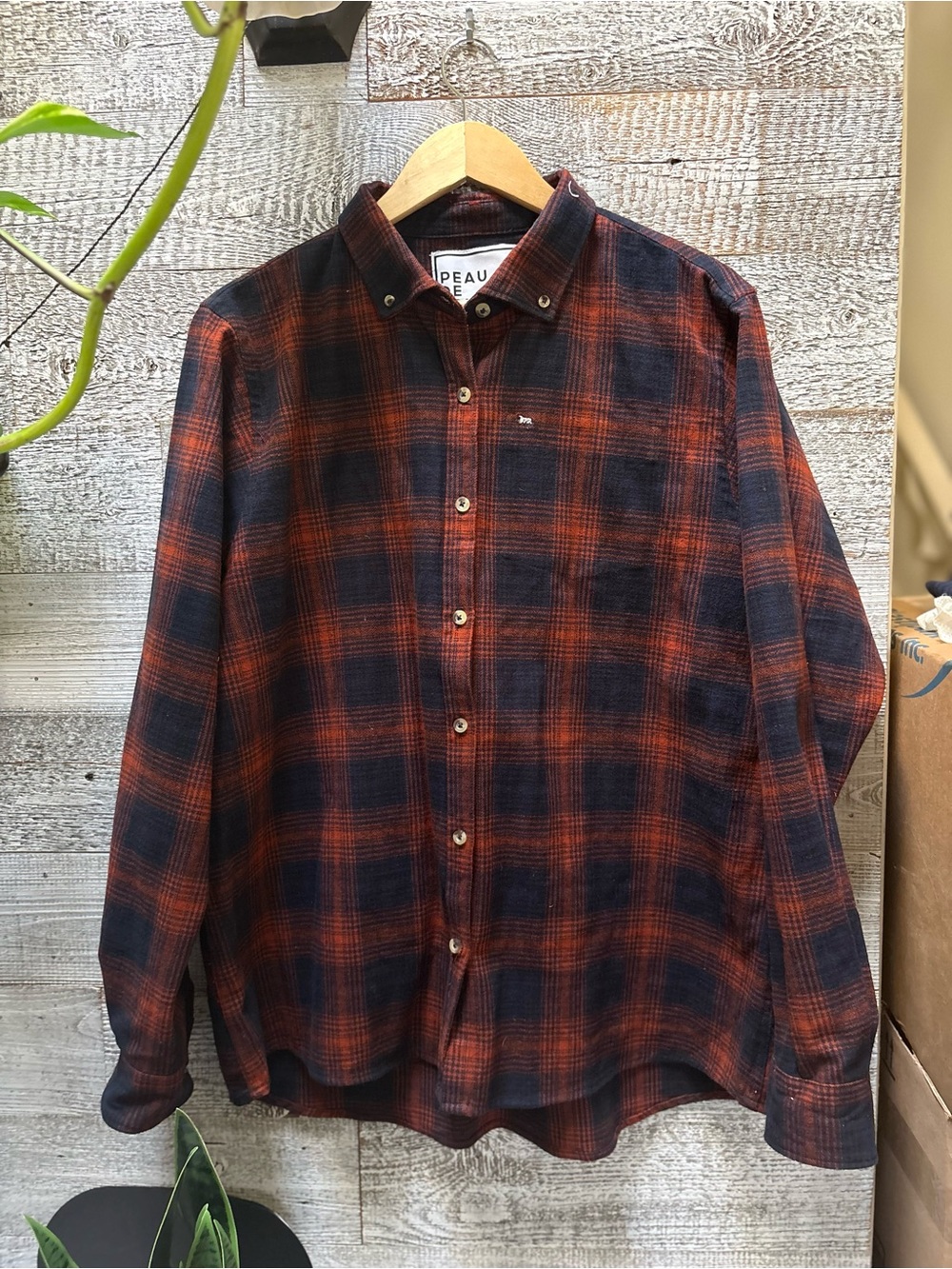 Peau de Loup/PDL | Relaxed Fit Navy/Orange Plaid Cotton Flannel Button-Down - 18